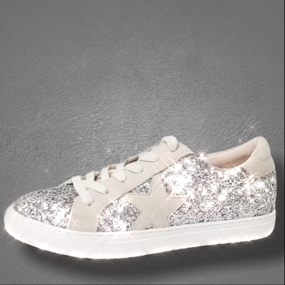 Silver Glitter Lace Up White Star Platform Sneaker - Picture 6 of 7